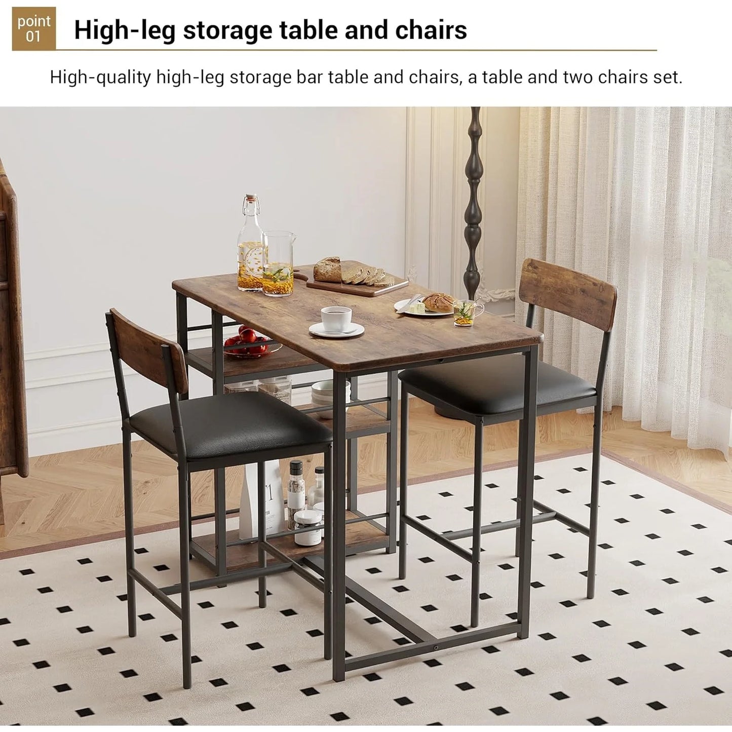 Bartisch Set 3-teilig mit 2 Stühlen & Regalfächern – Industrieller Stehtisch aus Metall & MDF