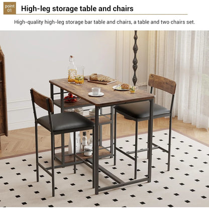 Bartisch Set 3-teilig mit 2 Stühlen & Regalfächern – Industrieller Stehtisch aus Metall & MDF