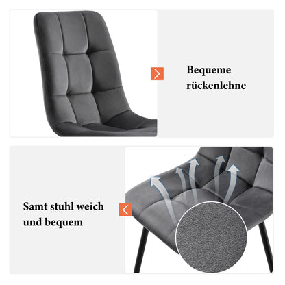 Moderne Samt Esszimmerstühle 4er Set Grau – Ergonomische Küchenstühle Polsterstuhl Metall