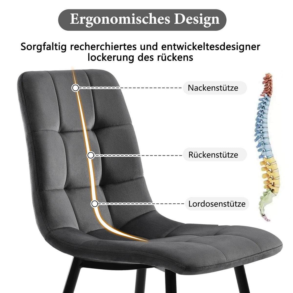 Moderne Samt Esszimmerstühle 4er Set Grau – Ergonomische Küchenstühle Polsterstuhl Metall