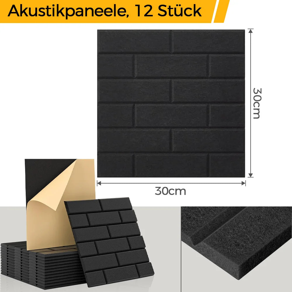 3D Wandpaneele Backsteinoptik 12er Set 30x30cm – Selbstklebende Akustikpaneele aus Polyester