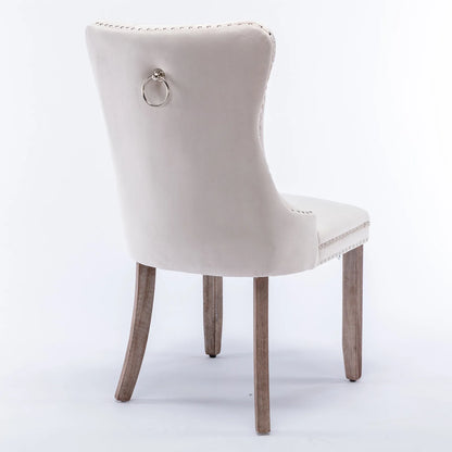 Esszimmerstuhl 2er Set Beige – Modernes Samt Polsterstuhl Set mit Nietenverzierung, Knopfung & Holzbeinen