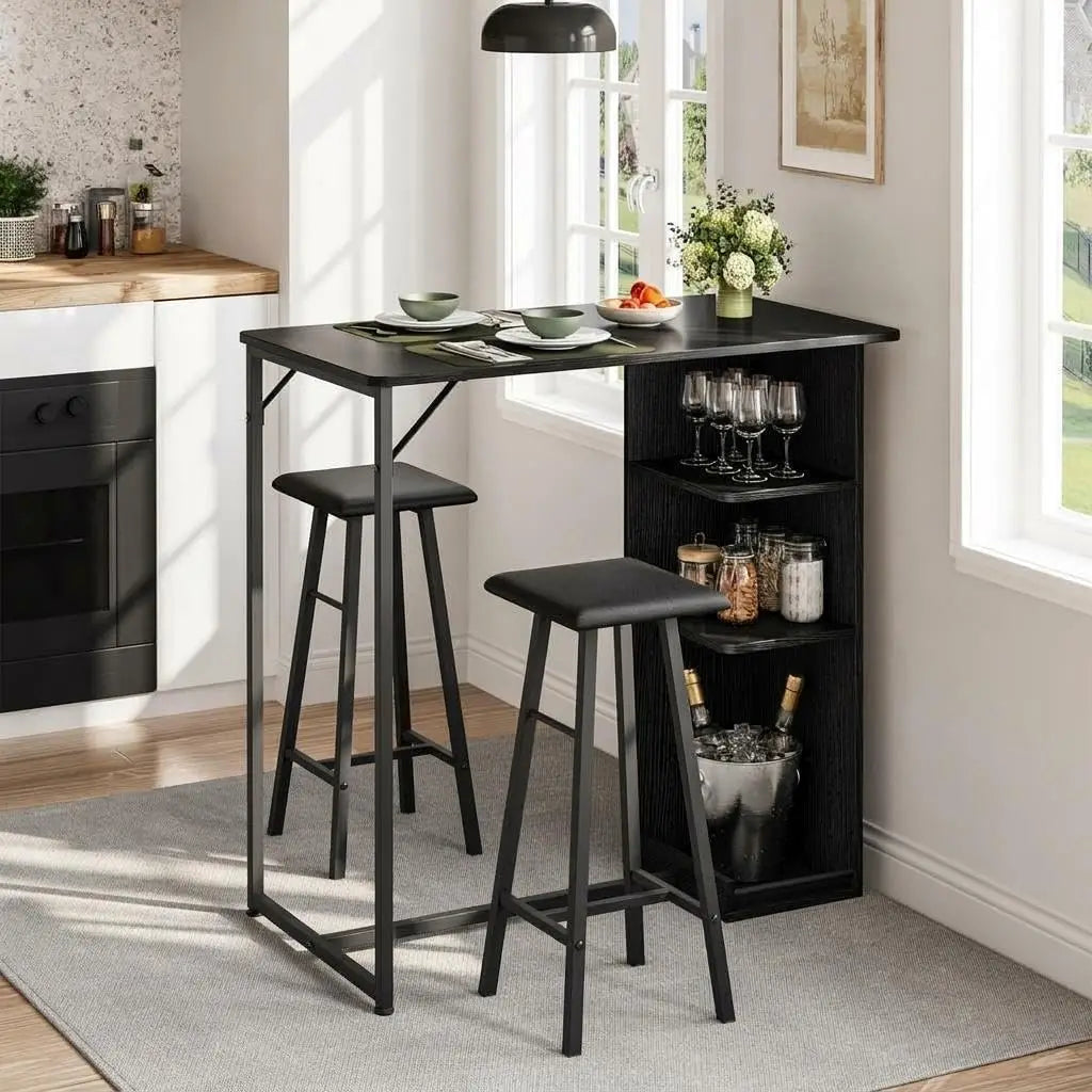 Bartisch Set 3-teilig mit Regal Vintage Braun – Kompakter Stehtisch mit 2 Barhockern