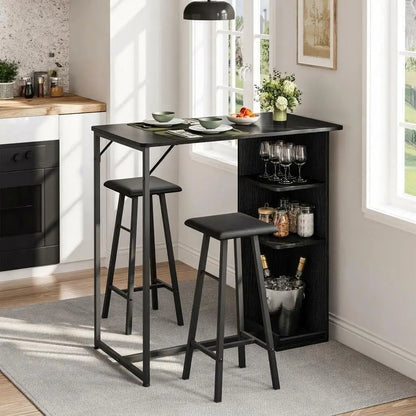 Bartisch Set 3-teilig mit Regal Vintage Braun – Kompakter Stehtisch mit 2 Barhockern
