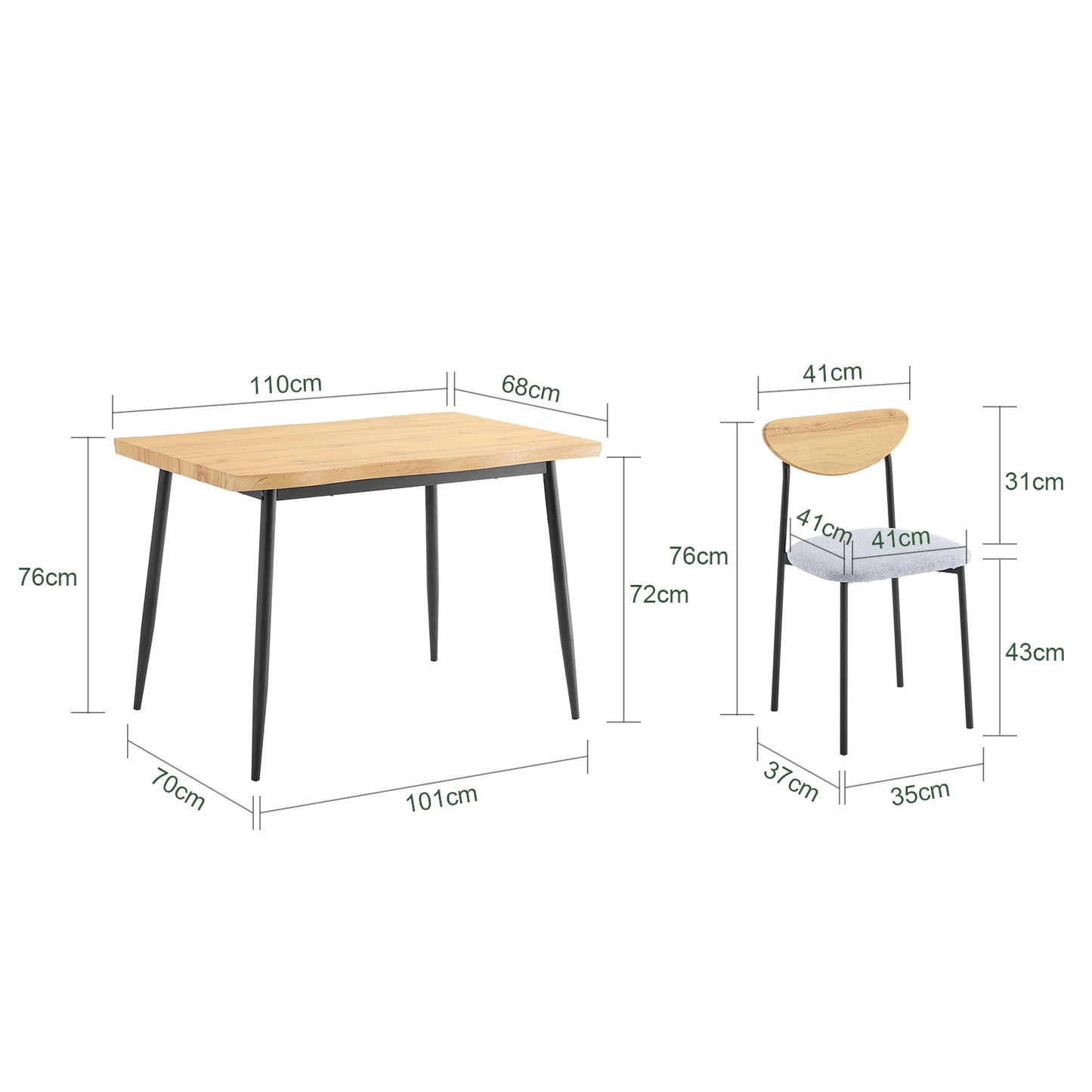Esstisch Set 5-teilig Holzoptik Natur – Kompakter Esstisch mit 4 Polsterstühlen für die Küche