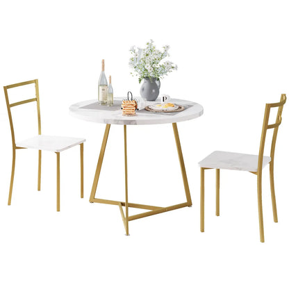 Essgruppe 3-teilig mit Rundem Tisch & 2 Stuehlen – Kompakte Esszimmer Sitzgruppe aus Metall & MDF