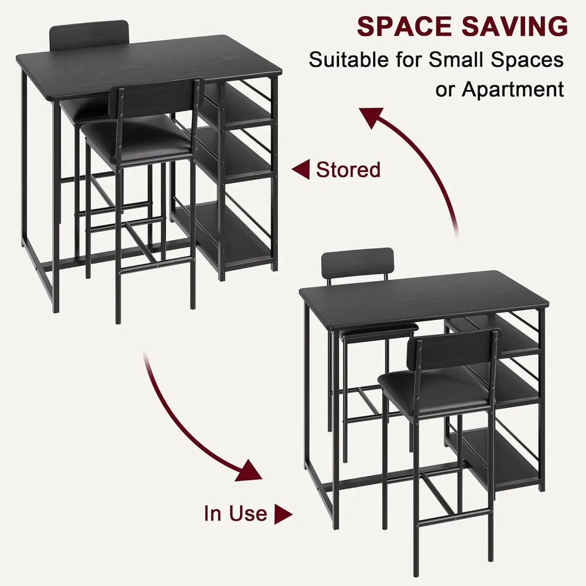 Kompakte Esstisch Garnitur mit 2 Stühlen – Stehtisch Set Metall & MDF mit Fach für Küche