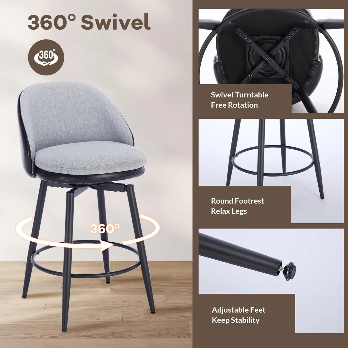 Drehbarer Barhocker 66cm Retro Kunstleder – Moderner Tresenstuhl Schwarz mit Rückenlehne