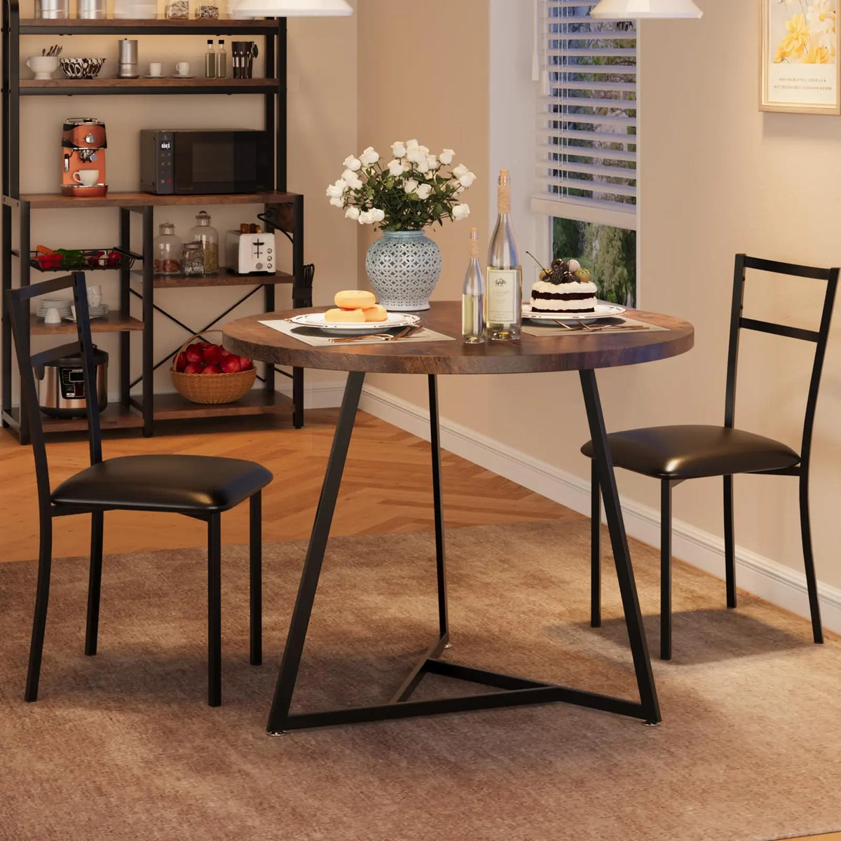 Essgruppe 3-teilig mit Rundem Tisch & 2 Stuehlen – Kompakte Esszimmer Sitzgruppe aus Metall & MDF