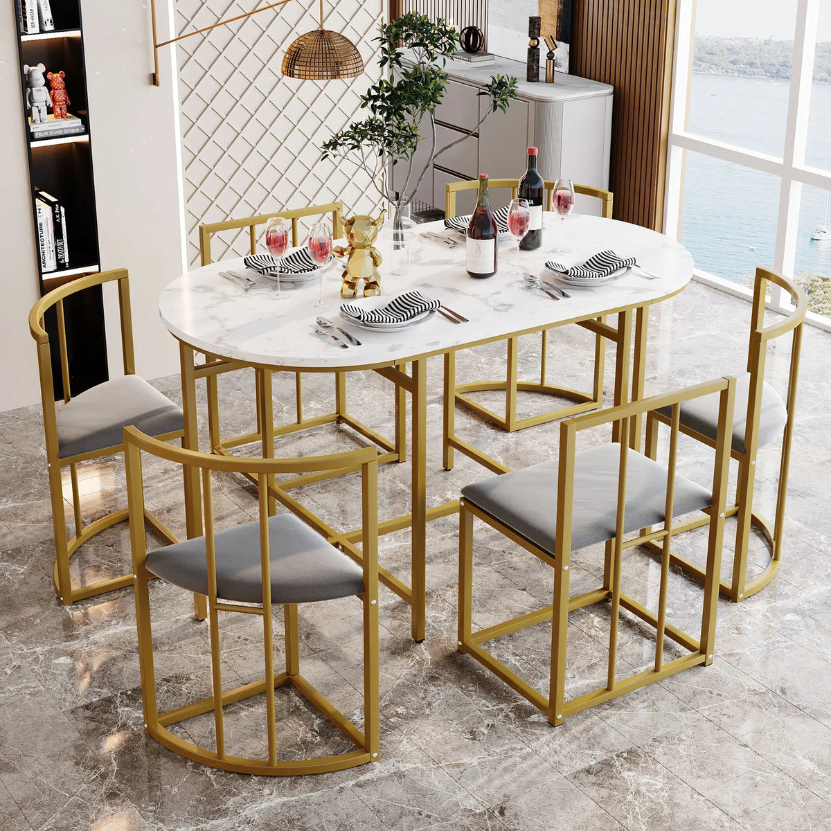 Esstisch Set Weiss 7-teilig – Moderner Esstisch aus MDF mit 6 Samt Stühlen Grau & Metallgestell