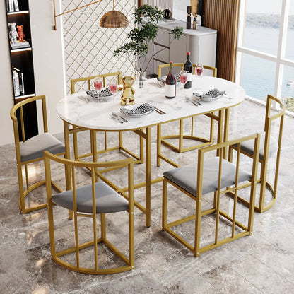 Esstisch Set Weiss 7-teilig – Moderner Esstisch aus MDF mit 6 Samt Stühlen Grau & Metallgestell