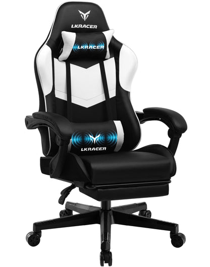 Gaming Stuhl Schwarz-Blau – Ergonomischer Gamer Stuhl mit Fussstütze, Lendenkissen & Metallgestell bis 150kg