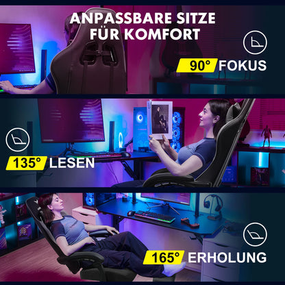 Gaming Stuhl Schwarz-Blau – Ergonomischer Gamer Stuhl mit Fussstütze, Lendenkissen & Metallgestell bis 150kg