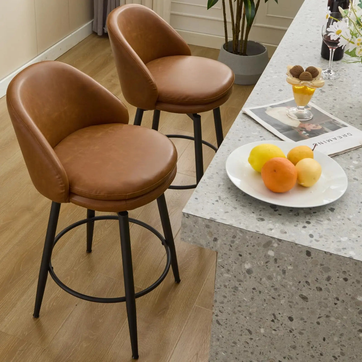 Drehbarer Barhocker 66cm Retro Kunstleder – Moderner Tresenstuhl Schwarz mit Rückenlehne