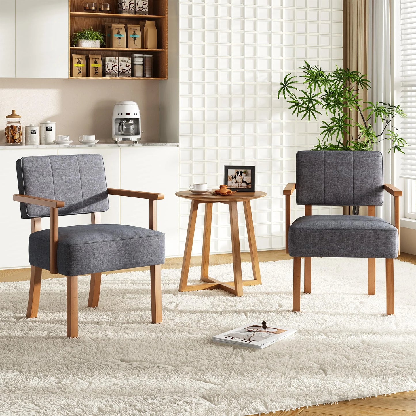 Loungesessel Beige – Moderner Cord Polstersessel mit Holzgestell & Armlehnen fuer Wohnzimmer & Schlafzimmer