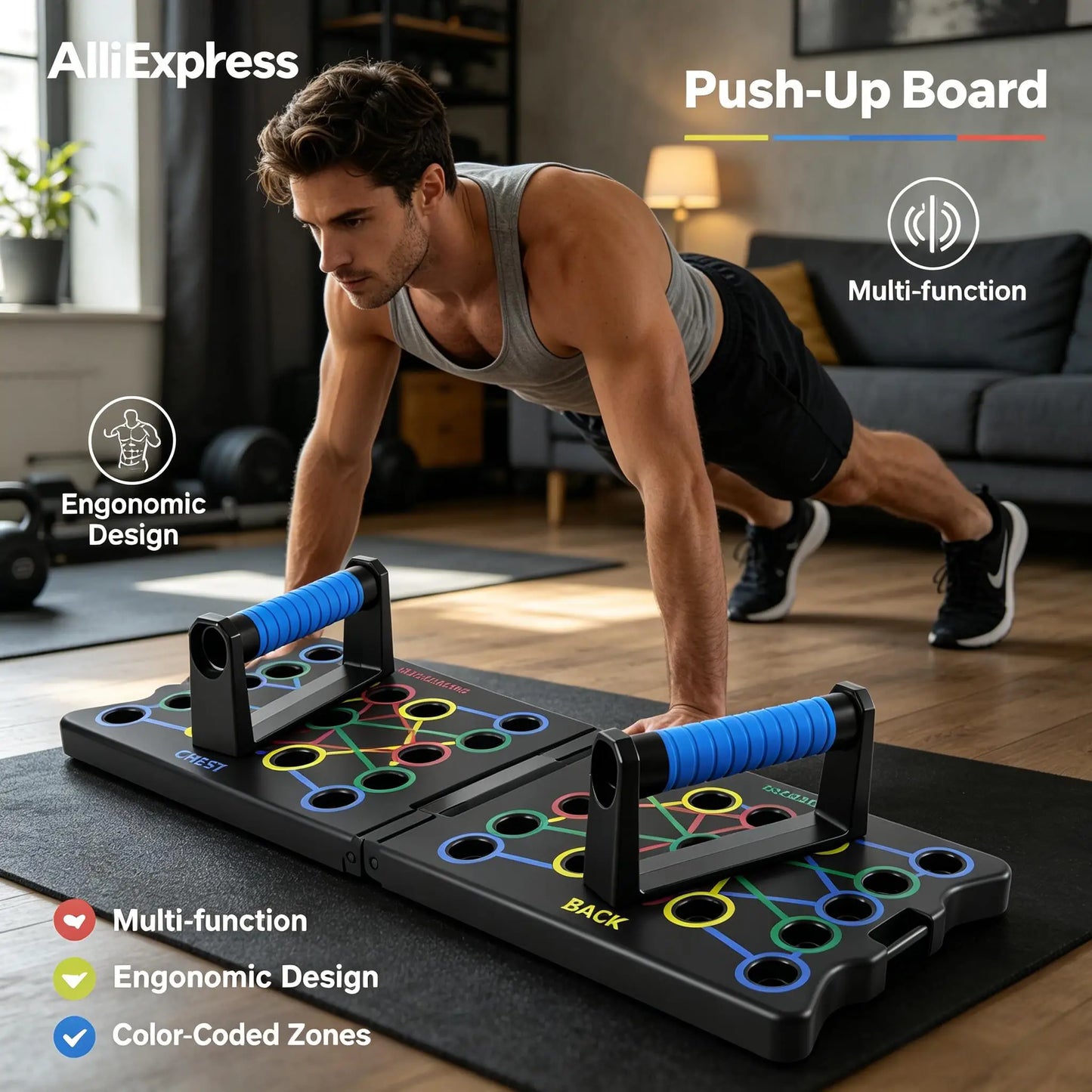 Liegestützbrett Klappbar 12-in-1 – Farbcodiertes Push Up Board für Brust, Schulter & Triceps