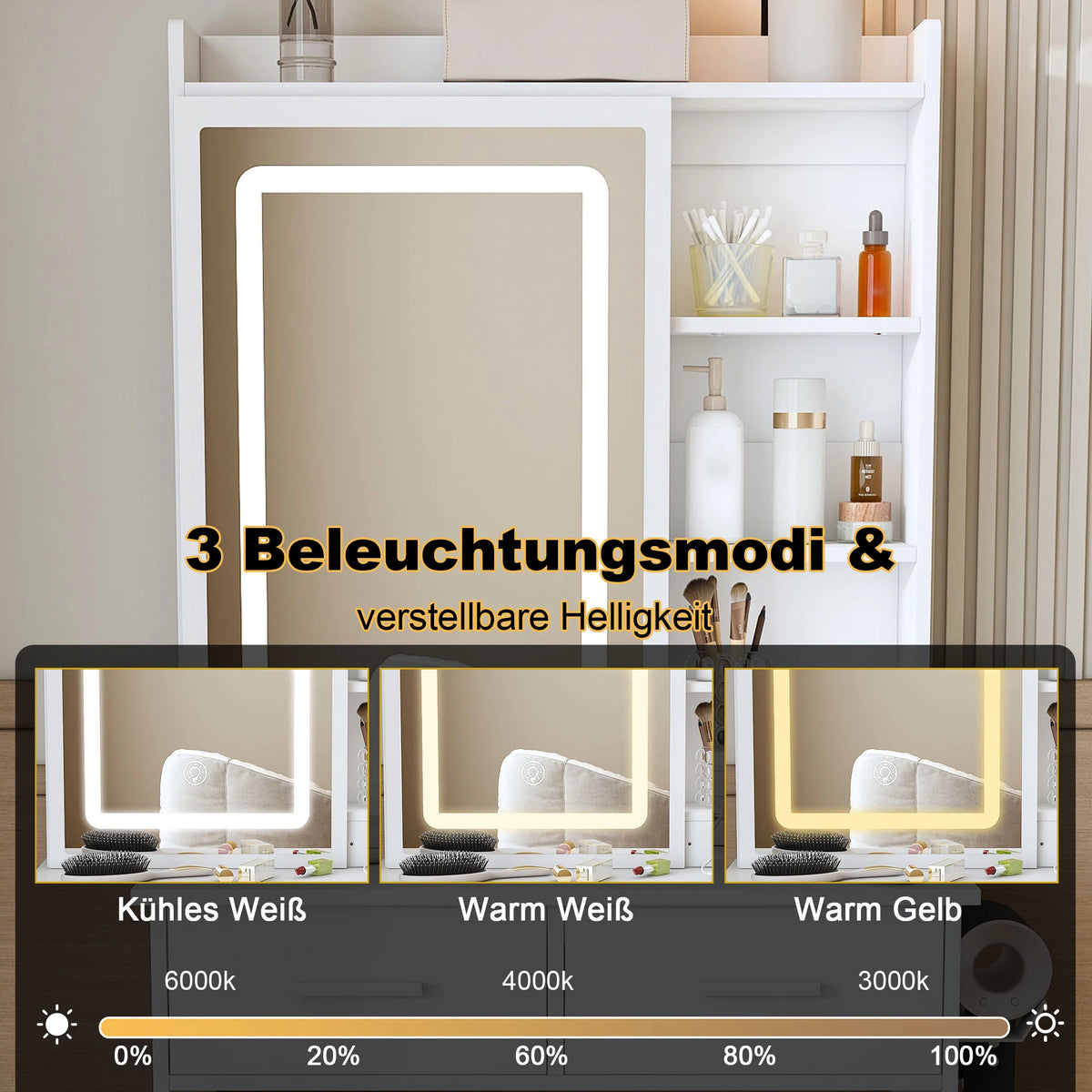 Schminktisch mit Beleuchtung & Hocker – Moderner Frisiertisch mit LED-Spiegel, Steckdosen & 2 Schubladen