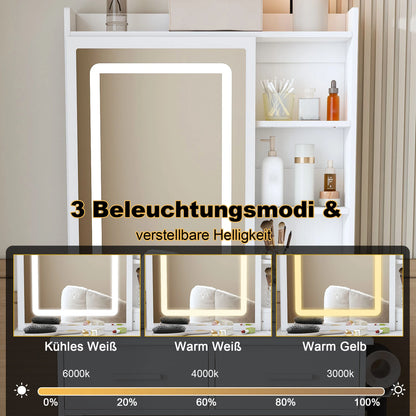 Schminktisch mit Beleuchtung & Hocker – Moderner Frisiertisch mit LED-Spiegel, Steckdosen & 2 Schubladen