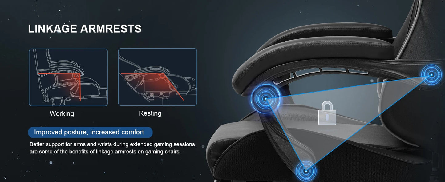 Gaming Stuhl Schwarz-Blau – Ergonomischer Gamer Stuhl mit Fussstütze, Lendenkissen & Metallgestell bis 150kg
