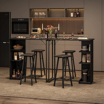 Bartisch Set 3-teilig Marmor Optik Weiß – Kompakter Stehtisch mit 2 Polster Barhockern & Regal