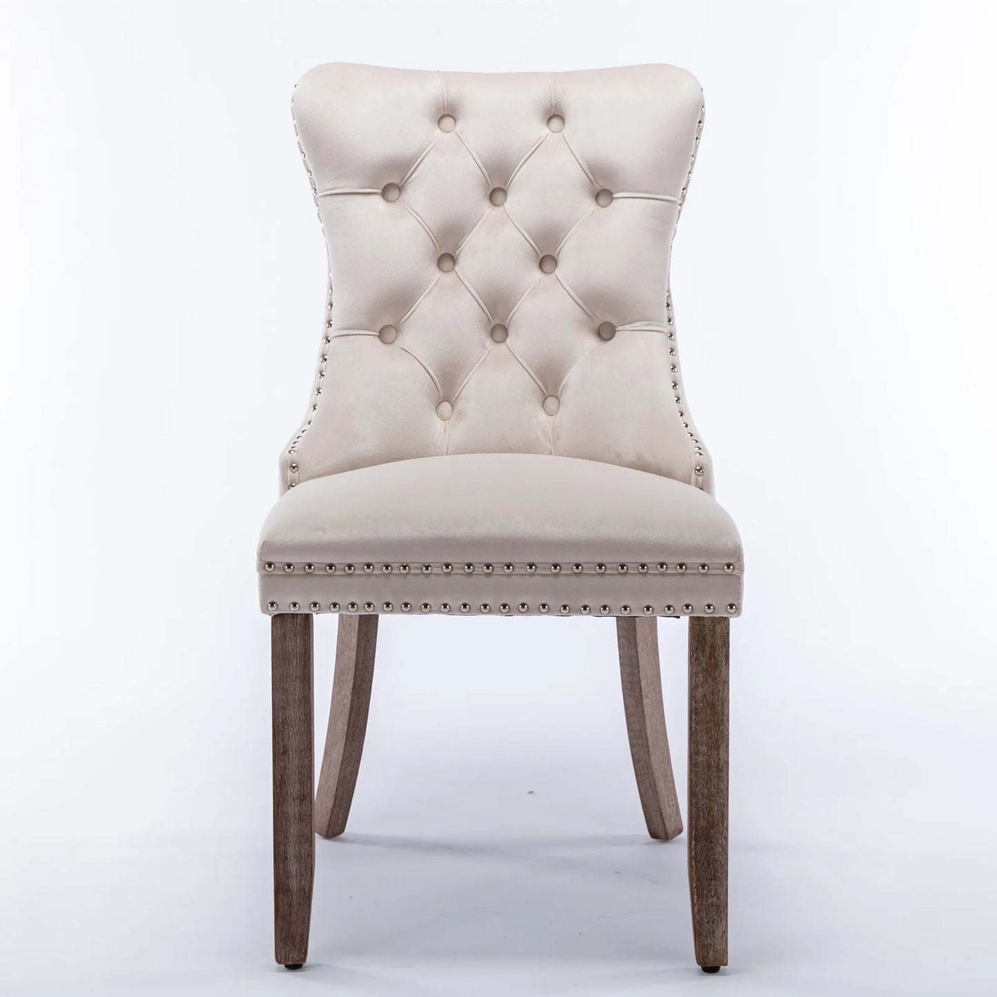 Esszimmerstuhl 2er Set Beige – Modernes Samt Polsterstuhl Set mit Nietenverzierung, Knopfung & Holzbeinen