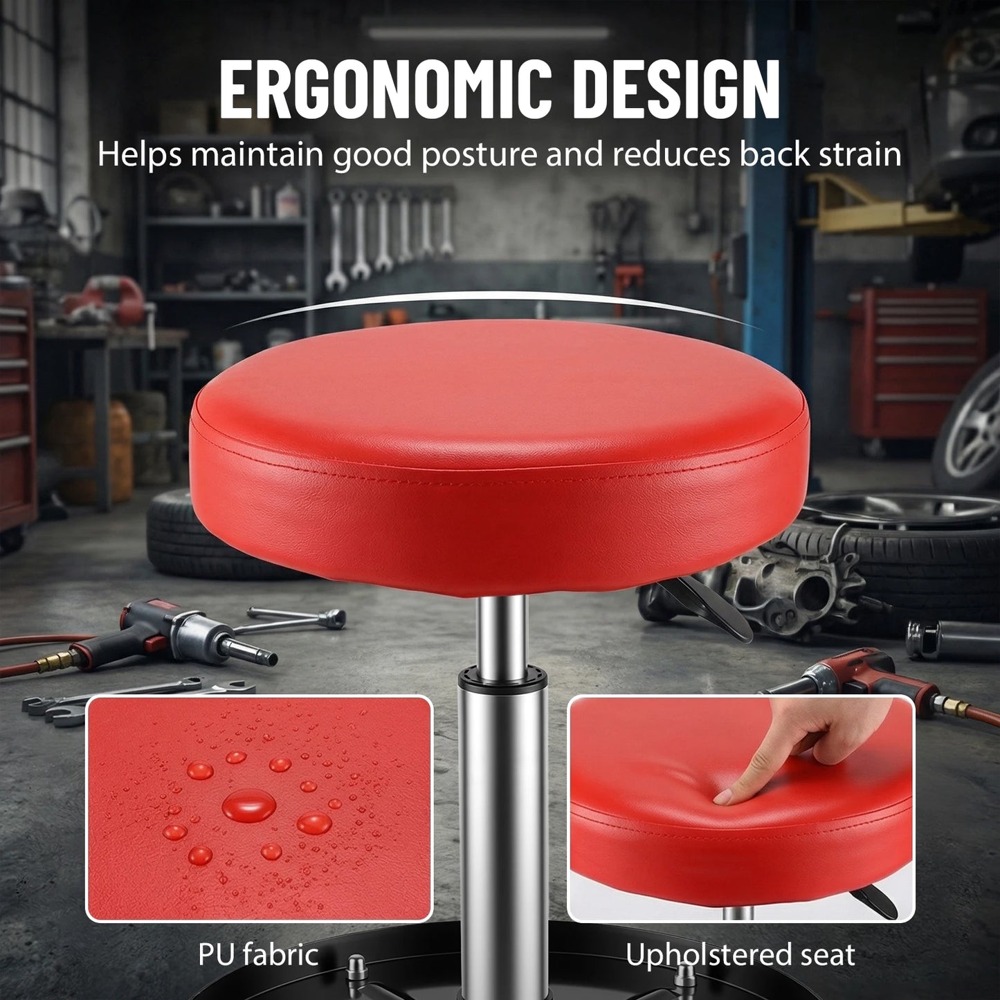 Rollbarer Werkstatthocker höhenverstellbar – Ergonomischer Werkstattstuhl mit Werkzeugablage