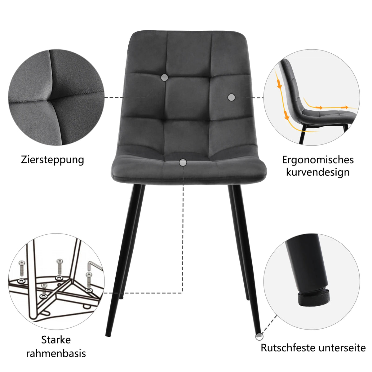 Moderne Samt Esszimmerstühle 4er Set Grau – Ergonomische Küchenstühle Polsterstuhl Metall
