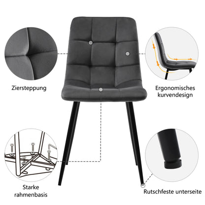 Moderne Samt Esszimmerstühle 4er Set Grau – Ergonomische Küchenstühle Polsterstuhl Metall