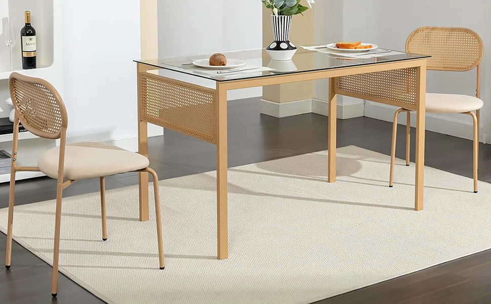 Rattan Esszimmerstühle 2er Set Holzoptik – Polsterstühle Wiener Geflecht für Küche & Wohnzimmer