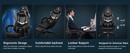Gaming Stuhl Schwarz-Blau – Ergonomischer Gamer Stuhl mit Fussstütze, Lendenkissen & Metallgestell bis 150kg