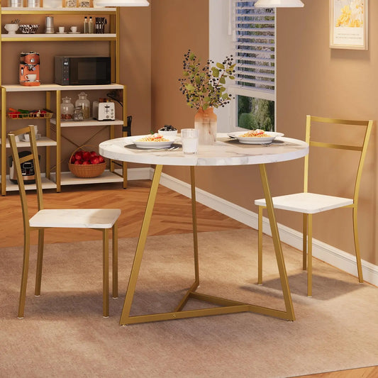 Essgruppe 3-teilig mit Rundem Tisch & 2 Stuehlen – Kompakte Esszimmer Sitzgruppe aus Metall & MDF