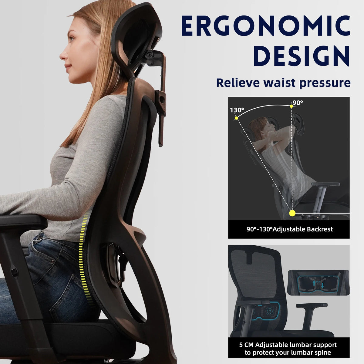 Buerostuhl Ergonomisch Schwarz – Netz Drehstuhl mit Verstellbarer Lendenstuetze & Kopfstuetze bis 150kg