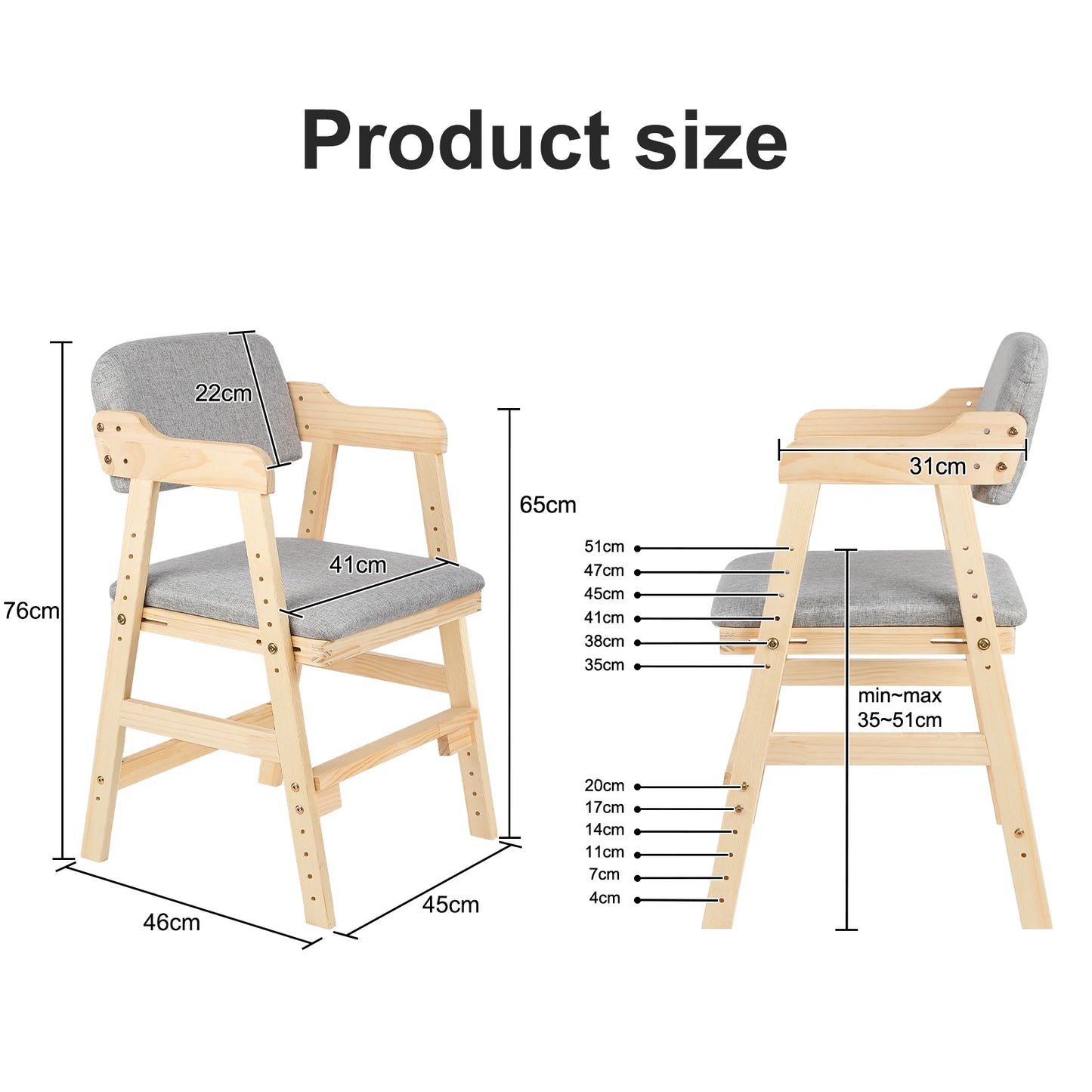 Kinderstuhl Höhenverstellbar aus Kiefernholz – Ergonomischer Mitwachsender Holzstuhl bis 90kg