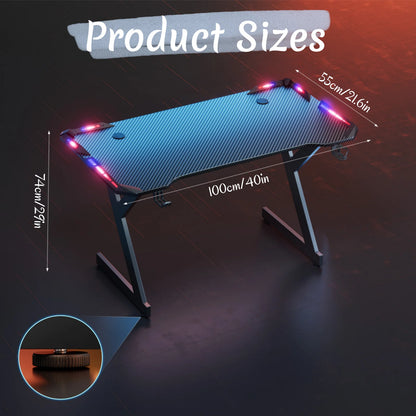 Gaming Schreibtisch LED Schwarz 120 cm – Ergonomischer PC Tisch mit Haken & Becherhalter