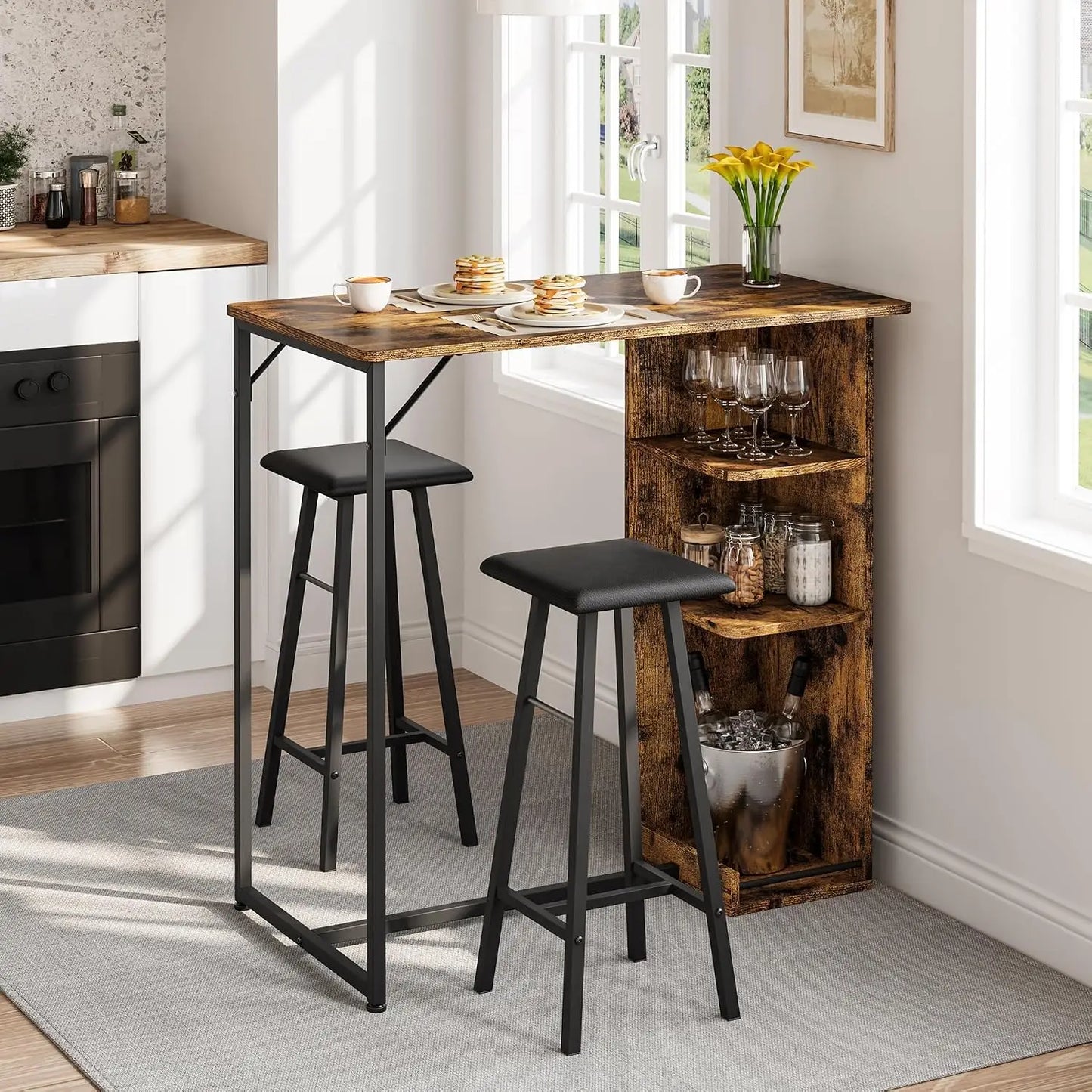 Esstisch Garnitur mit 2 Hocker – Stehtisch Set Holz & Metall mit Regal für die Küche