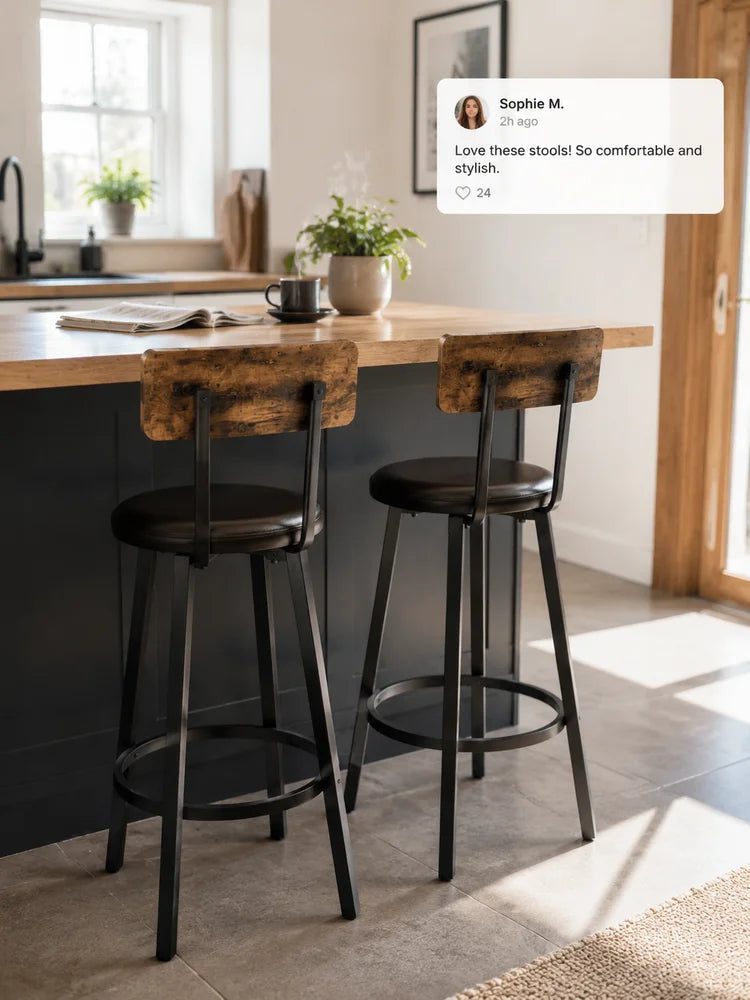 Barhocker 2er Set Industrial Braun & Schwarz – Rustikale Tresenstühle mit Rückenlehne & Polster