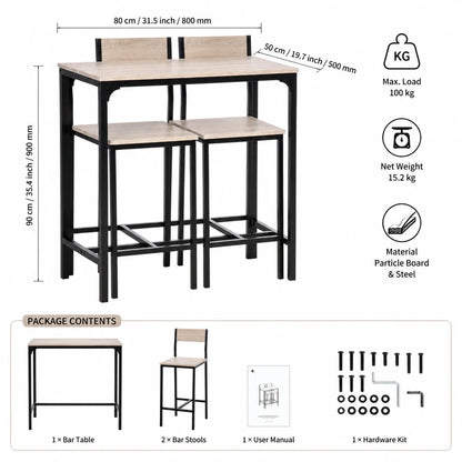 Bartisch Set 3-teilig Esstisch mit 2 Barhockern Holz optik – Kompakte Sitzgruppe für Indoor & Outdoor