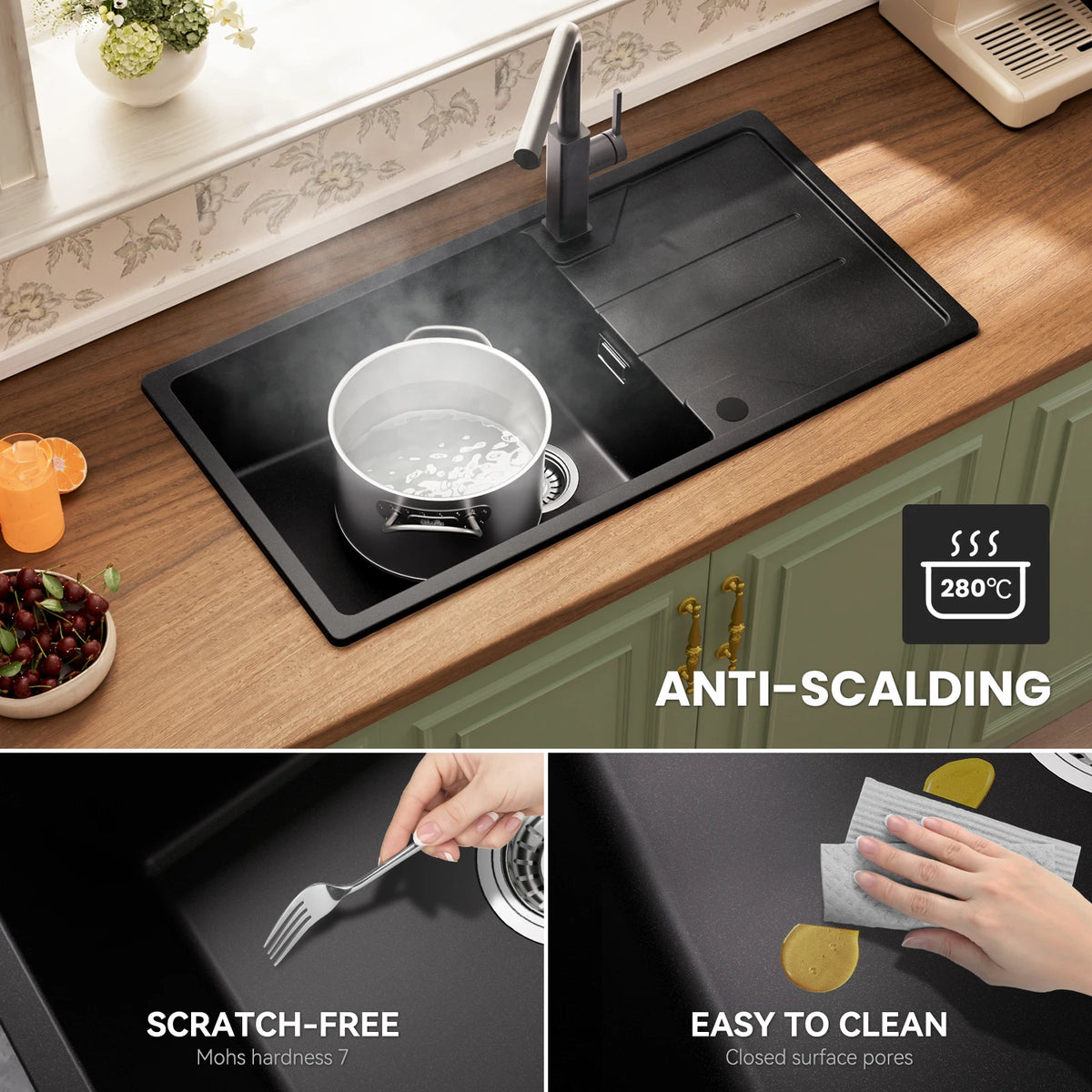Granit Spülbecken Schwarz 86x45cm mit Siphon – Quarz Einbauspüle Einzelbecken