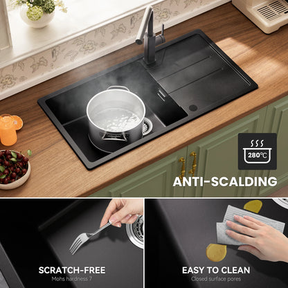 Granit Spülbecken Schwarz 86x45cm mit Siphon – Quarz Einbauspüle Einzelbecken