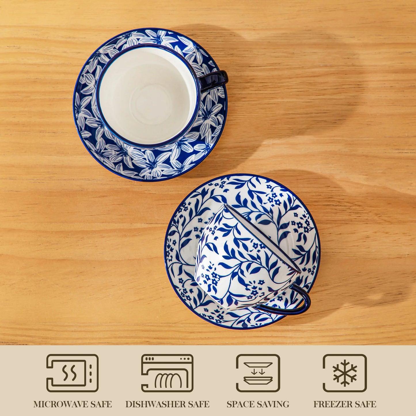 Keramik Tassen Set 4-teilig Blau – Elegante Cappuccinotassen mit Untertassen