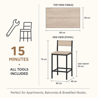 Bartisch Set 3-teilig Esstisch mit 2 Barhockern Holz optik – Kompakte Sitzgruppe für Indoor & Outdoor
