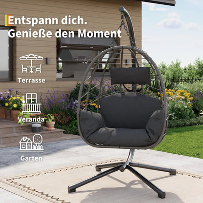 Haengesessel Outdoor Schwarz – Moderner Haengestuhl Ei-Form mit Gestell, Kissen & Schutzhuelle bis 130kg