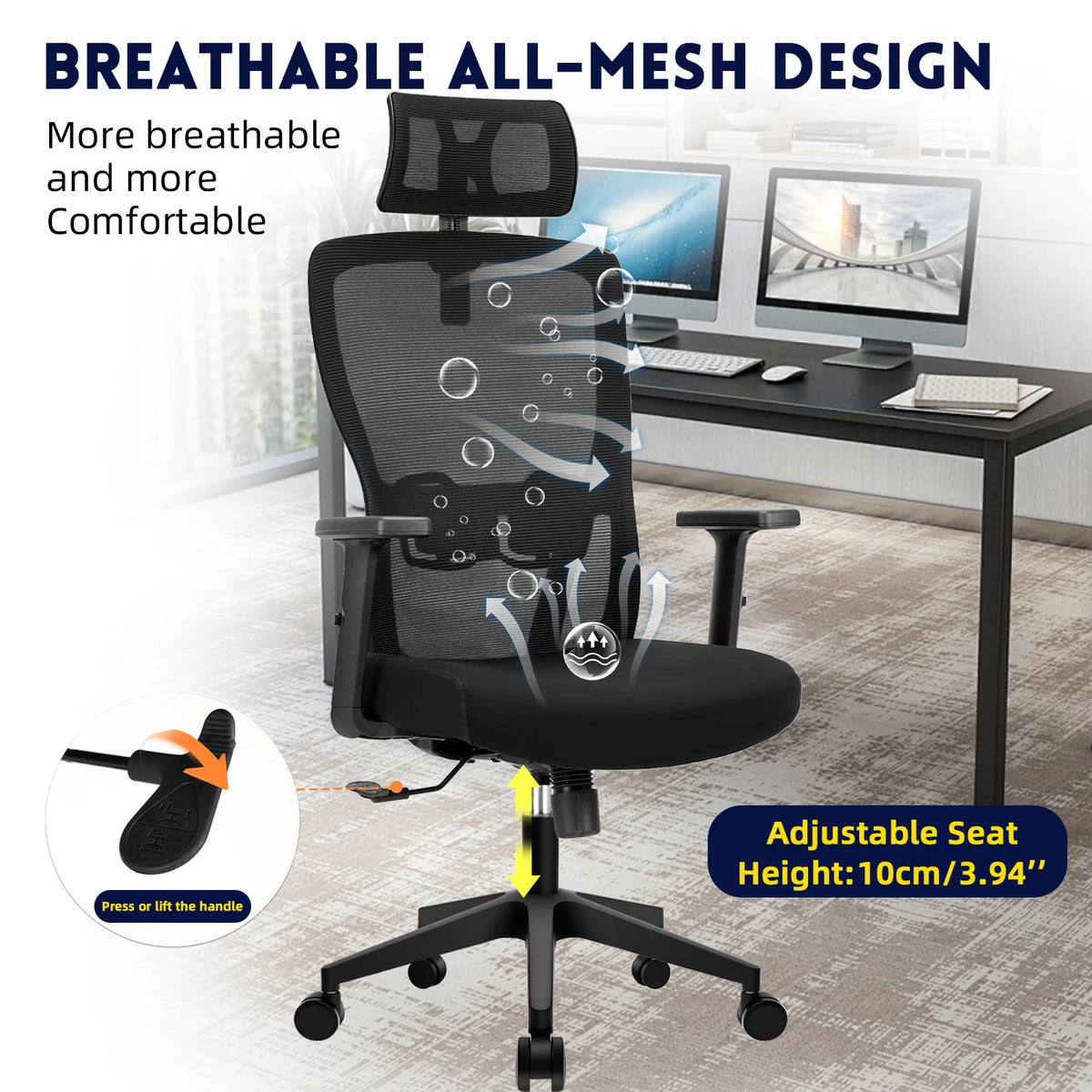 Buerostuhl Ergonomisch Schwarz – Netz Drehstuhl mit Verstellbarer Lendenstuetze & Kopfstuetze bis 150kg
