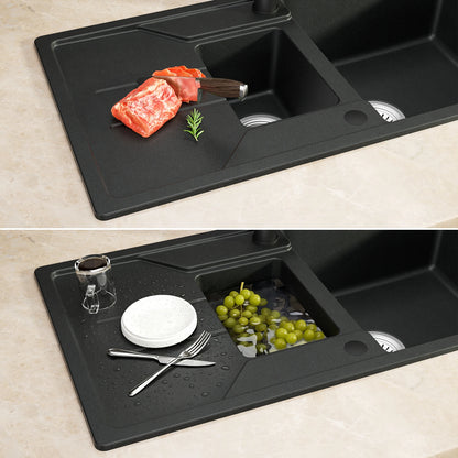 Granit Spülbecken Schwarz 86x45cm mit Abtropffläche – Quartz Doppelbecken Küchenspüle Einbau