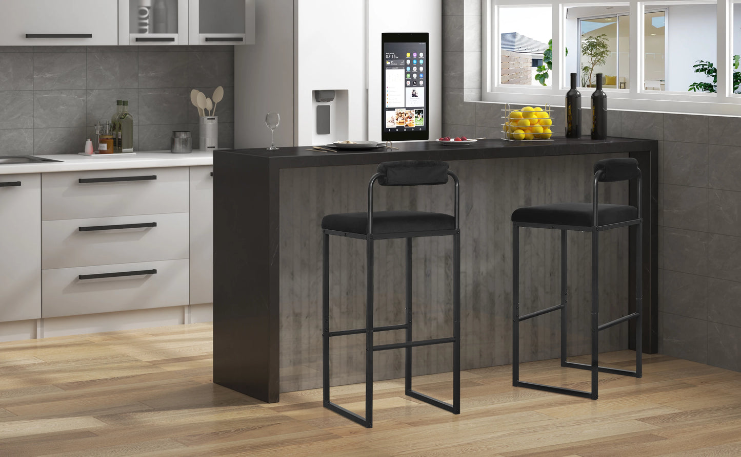 Barhocker 2er Set Samt Dunkelgrau – Ergonomische Tresenstühle 75cm Sitzhöhe mit Metallgestell