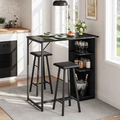 Bartisch Set 3-teilig mit Regal Vintage Braun – Kompakter Stehtisch mit 2 Barhockern für kleine Küche