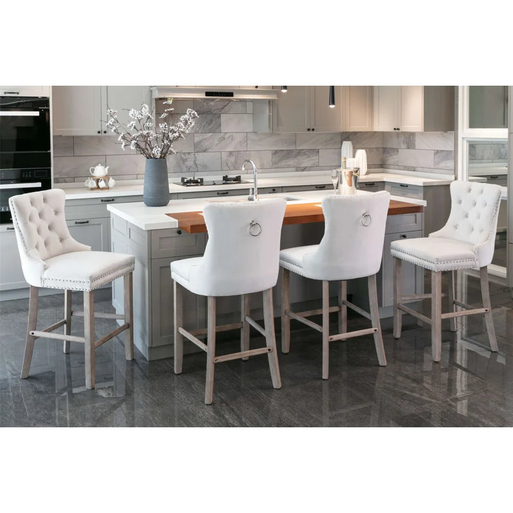 Moderne Samt Barhocker 2er Set mit Nietendekor – Elegante Tresenstühle aus Massivholz