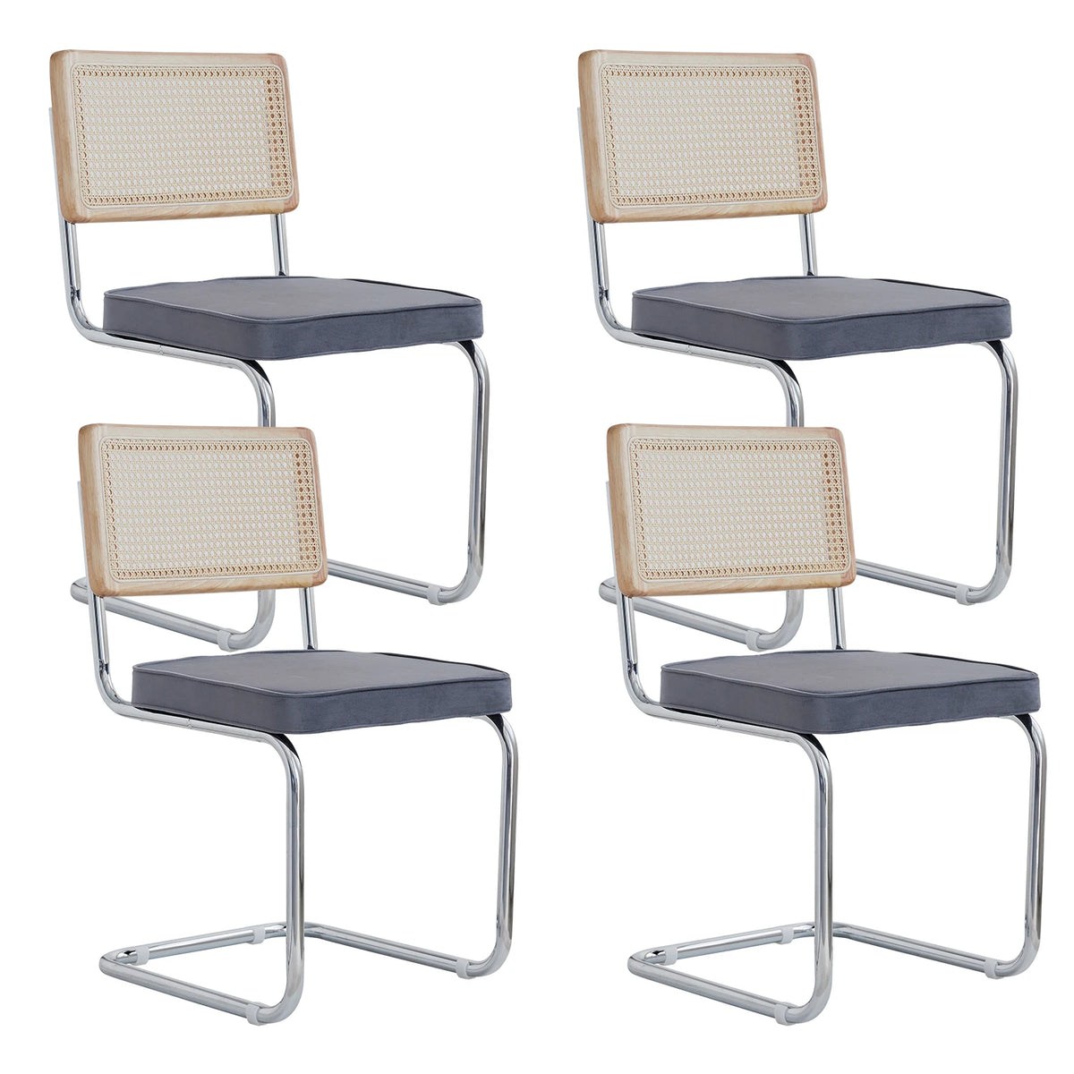 Freischwinger 2er Set Modern – Polsterstuhl Set aus Teddy-Samt & Rattan-Rueckenlehne mit Metallgestell
