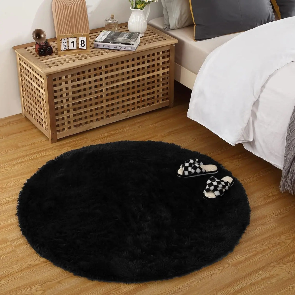 Runder Teppich Schwarz 100cm Flauschig – Weicher Hochflor Teppich für Wohn- & Kinderzimmer