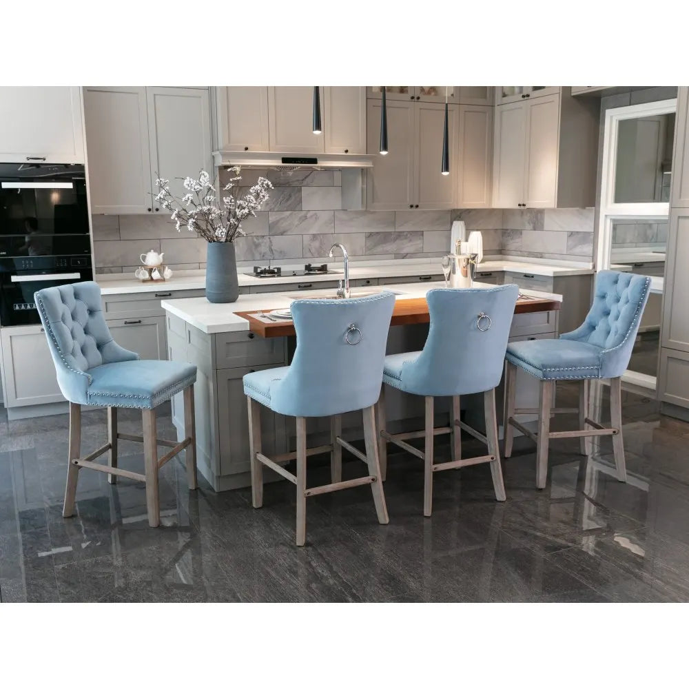Moderne Samt Barhocker 2er Set mit Nietendekor – Elegante Tresenstühle aus Massivholz